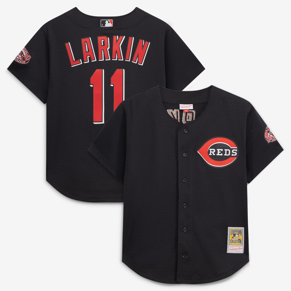 Men's Cincinnati Reds Barry Larkin Mitchell & Ness Black Cooperstown Collection Mesh Batting Practice Button-Up Jersey - 2