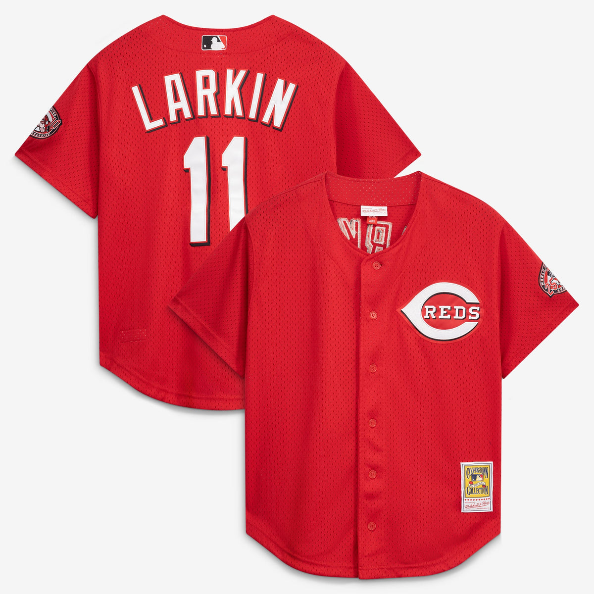 Men's Cincinnati Reds Barry Larkin Mitchell & Ness Red Throwback Cooperstown Mesh Batting Practice Jersey - 2