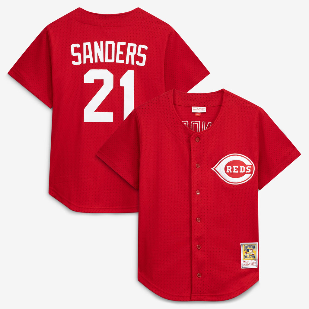 Men's Cincinnati Reds Deion Sanders Mitchell & Ness Red Cooperstown Mesh Batting Practice Button-Up Jersey - 2