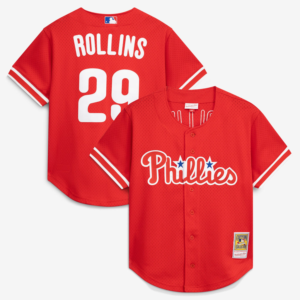 Men's Philadelphia Phillies Jimmy Rollins Mitchell & Ness Red Cooperstown Mesh Batting Practice Button-Up Jersey - 2