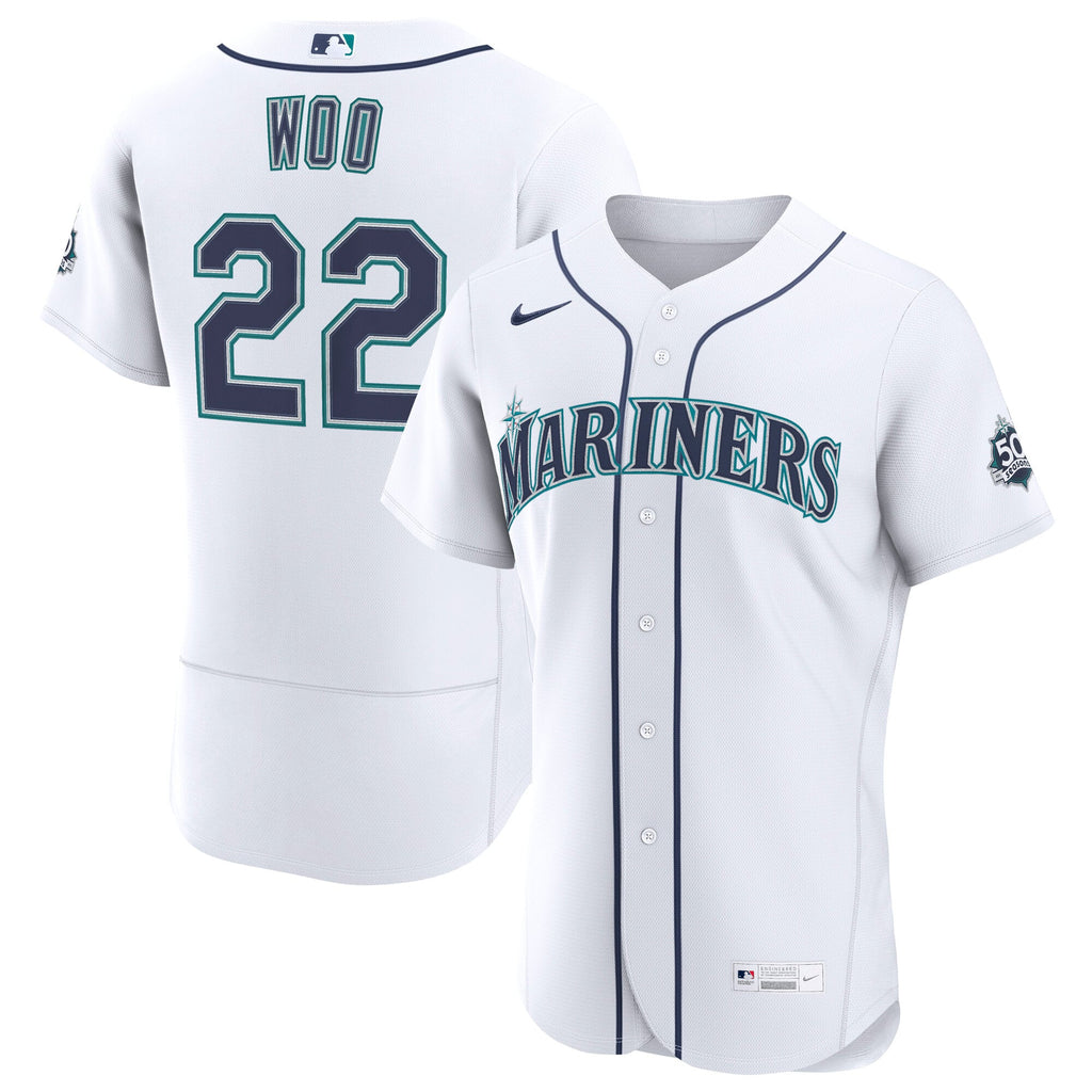 Men's Seattle Mariners Bryan Woo Nike White Home 50th Season Authentic Jersey