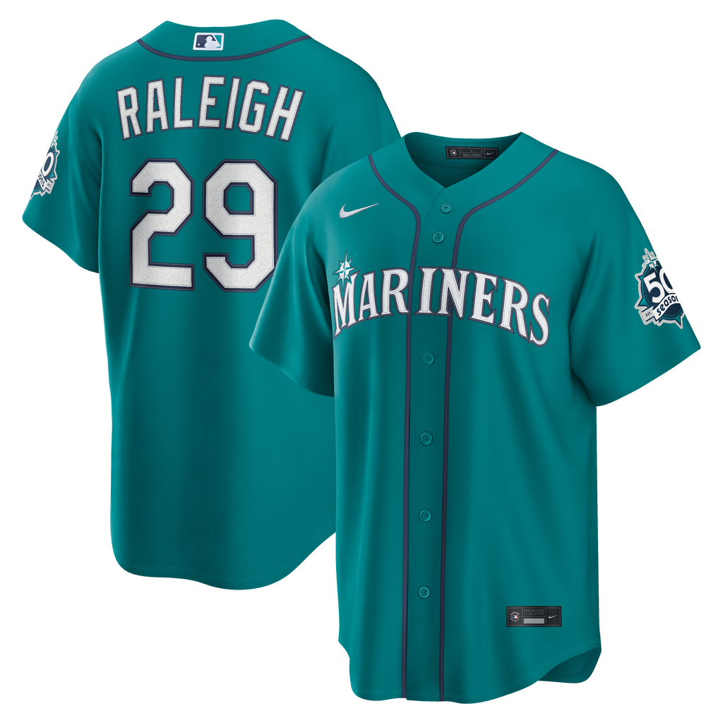 Men's Seattle Mariners Cal Raleigh Nike Teal Alternate 50th Season Patch Stadium Jersey