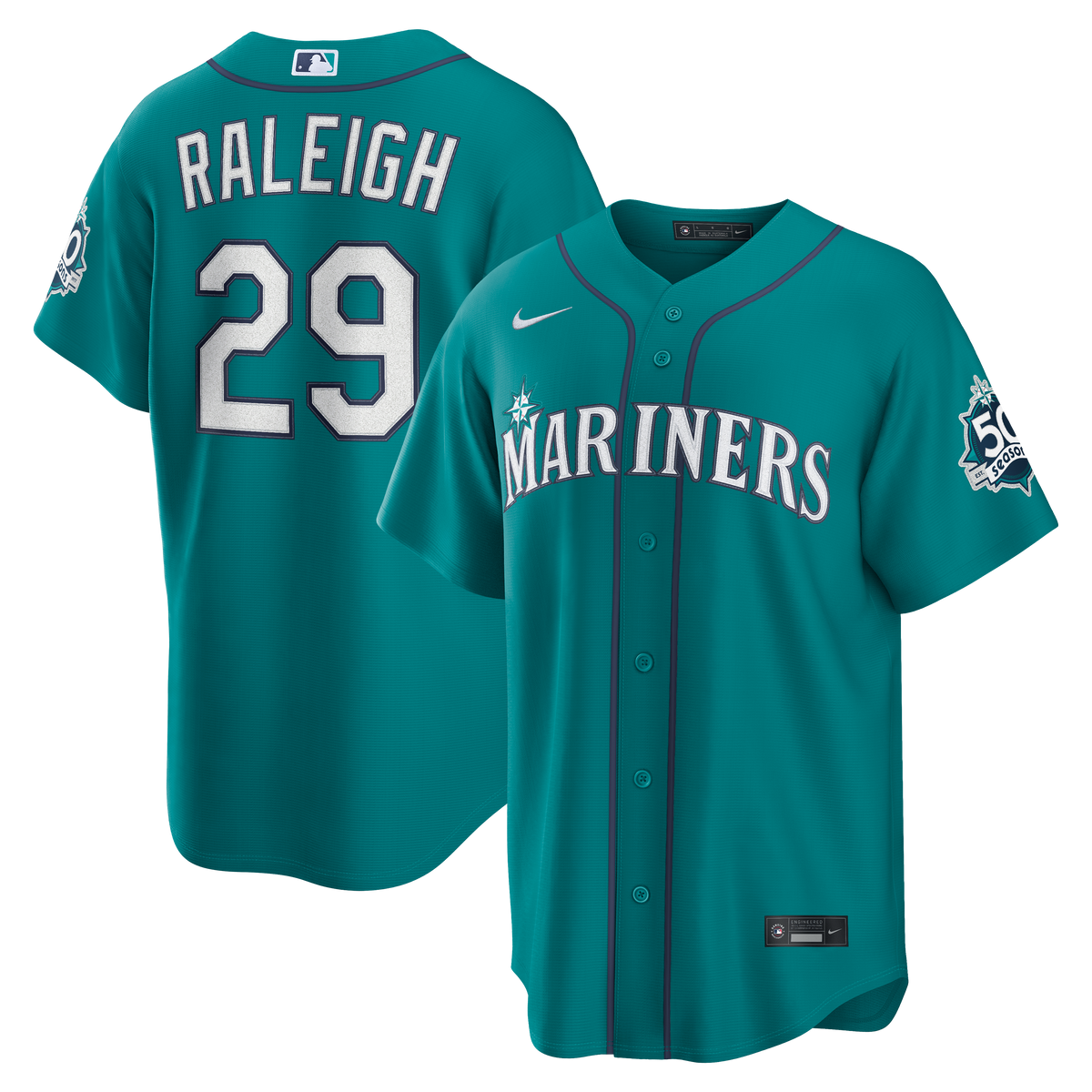 Men's Seattle Mariners Cal Raleigh Nike Teal Alternate 50th Season Patch Stadium Jersey