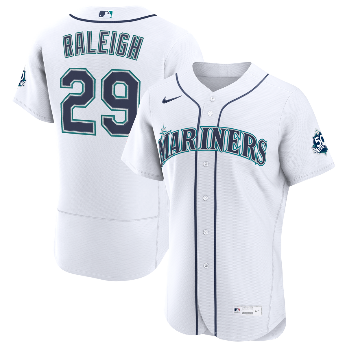 Men's Seattle Mariners Cal Raleigh Nike White Home 50th Season Authentic Jersey
