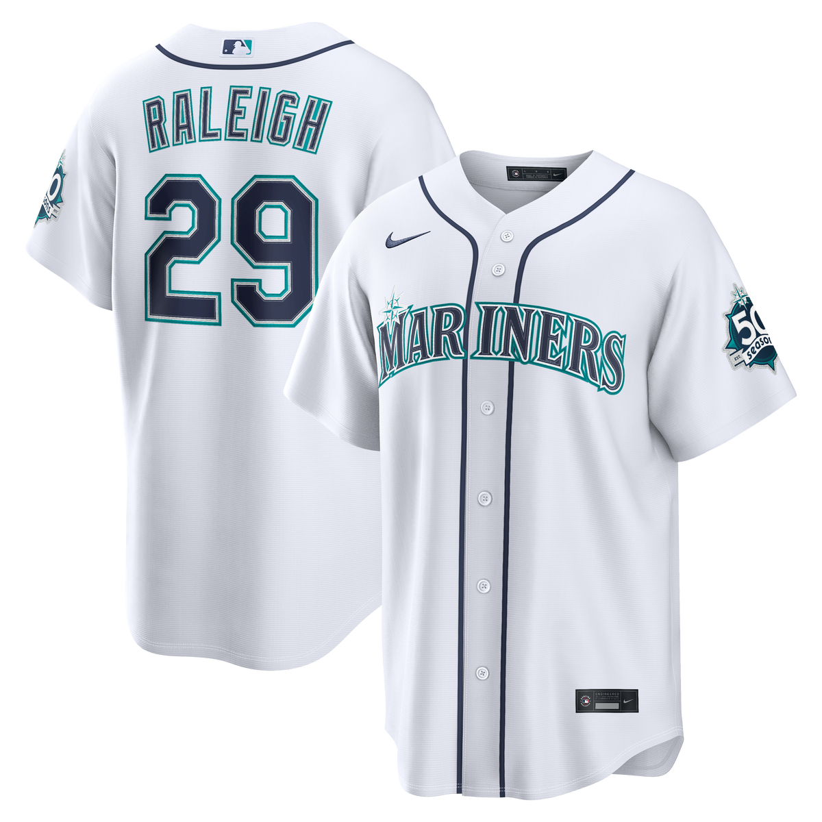 Men's Seattle Mariners Cal Raleigh Nike White Home Stadium 50th Season Patch Jersey