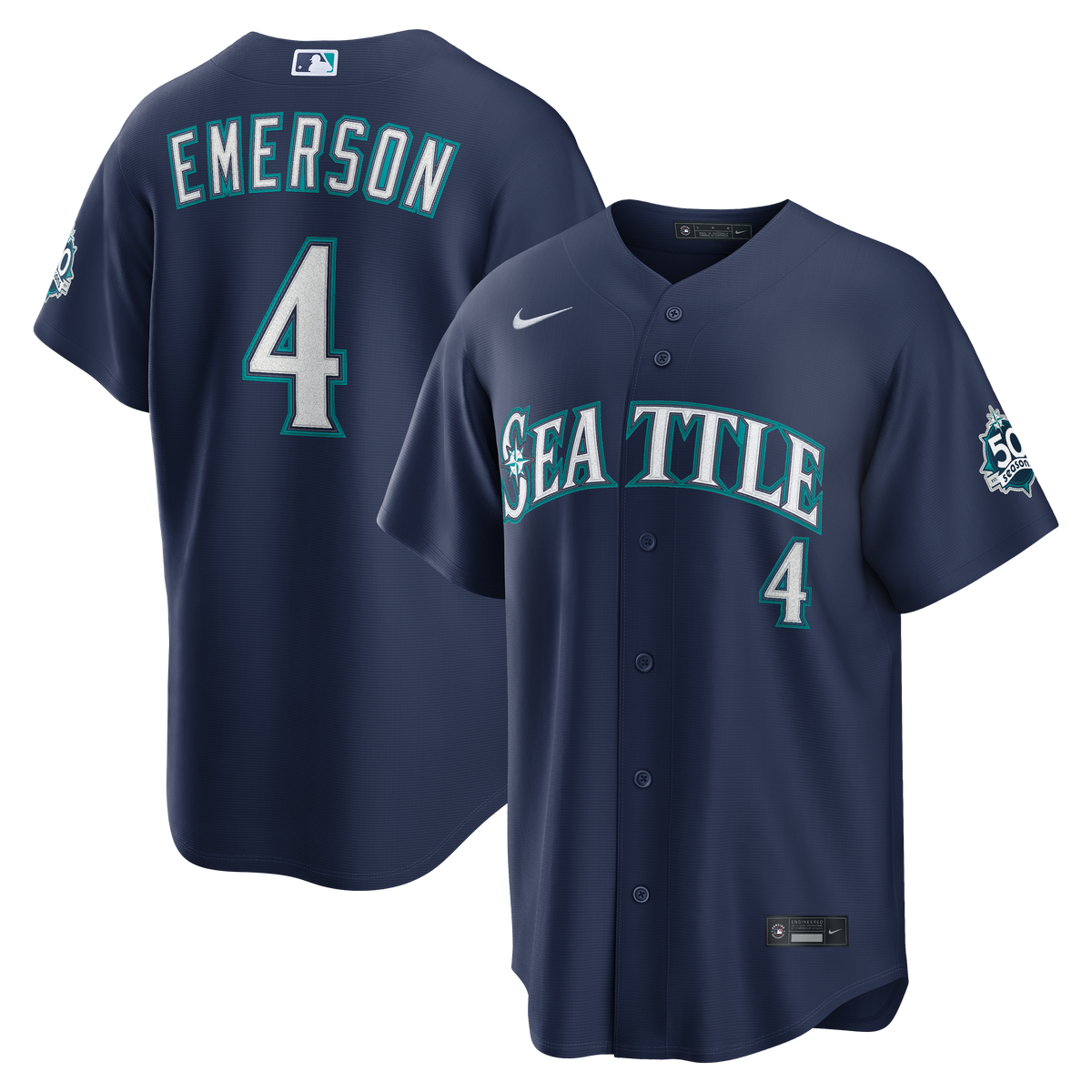 Men's Seattle Mariners Colt Emerson Nike Navy Road 50th Season Anniversary Patch Stadium Jersey - 2