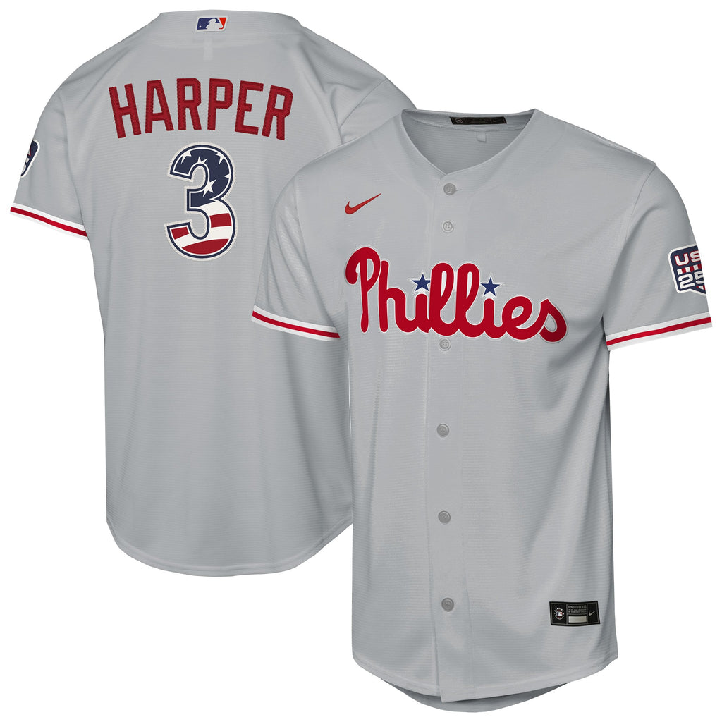 Youth Philadelphia Phillies Bryce Harper Nike Gray USA 250 Fourth of July Road Replica Jersey