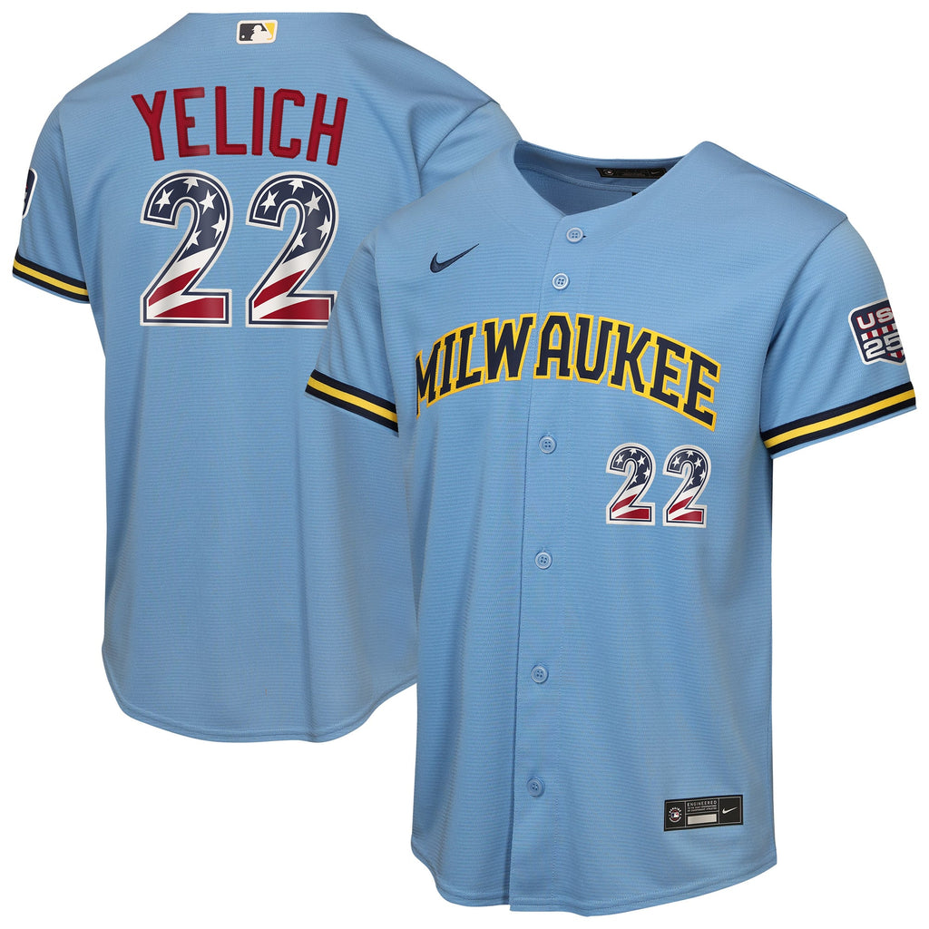 Youth Milwaukee Brewers Christian Yelich Nike Light Blue USA 250 Fourth of July Road Replica Jersey - 2
